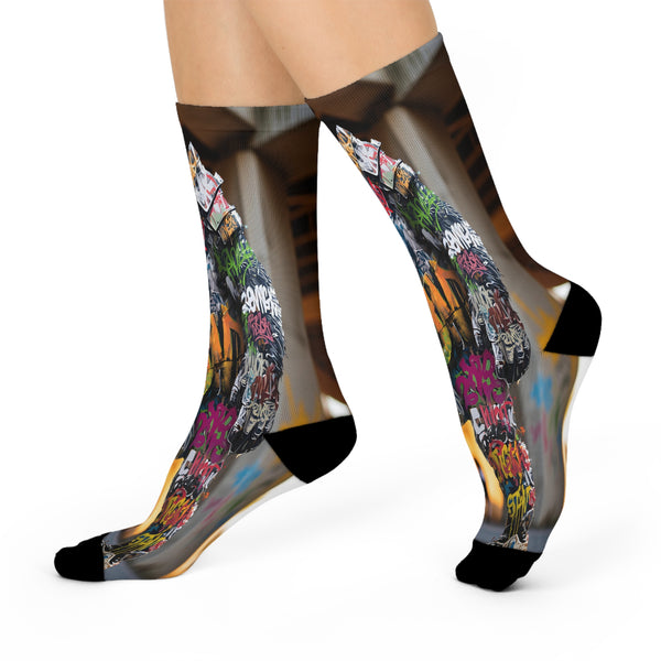 Graffiti Squatch Art Cushioned Crew Socks — Colorful Urban Street Tag Design