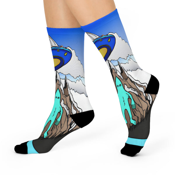 Blue Squatch Crew Socks — UFO Mountain Graphic Cushioned Socks