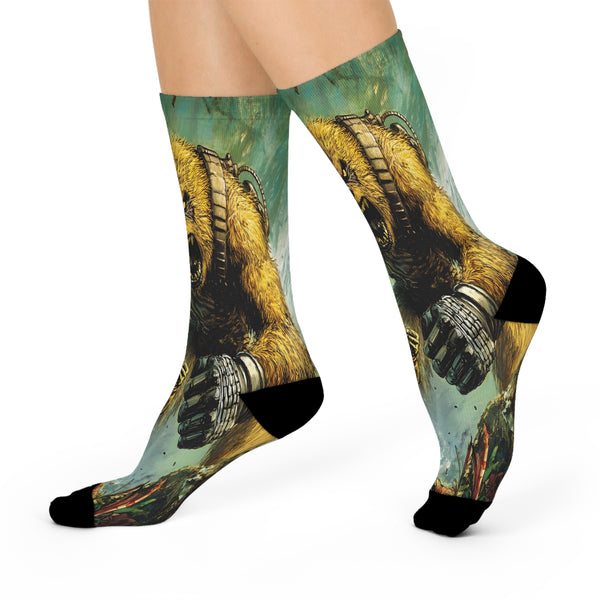 Comic Book Crew Socks — Giant Beast Battle Illustration Cushioned Socks