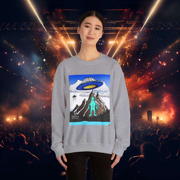 Blue Squatch Abduction Crewneck Sweatshirt — Retro UFO Mountain Graphic
