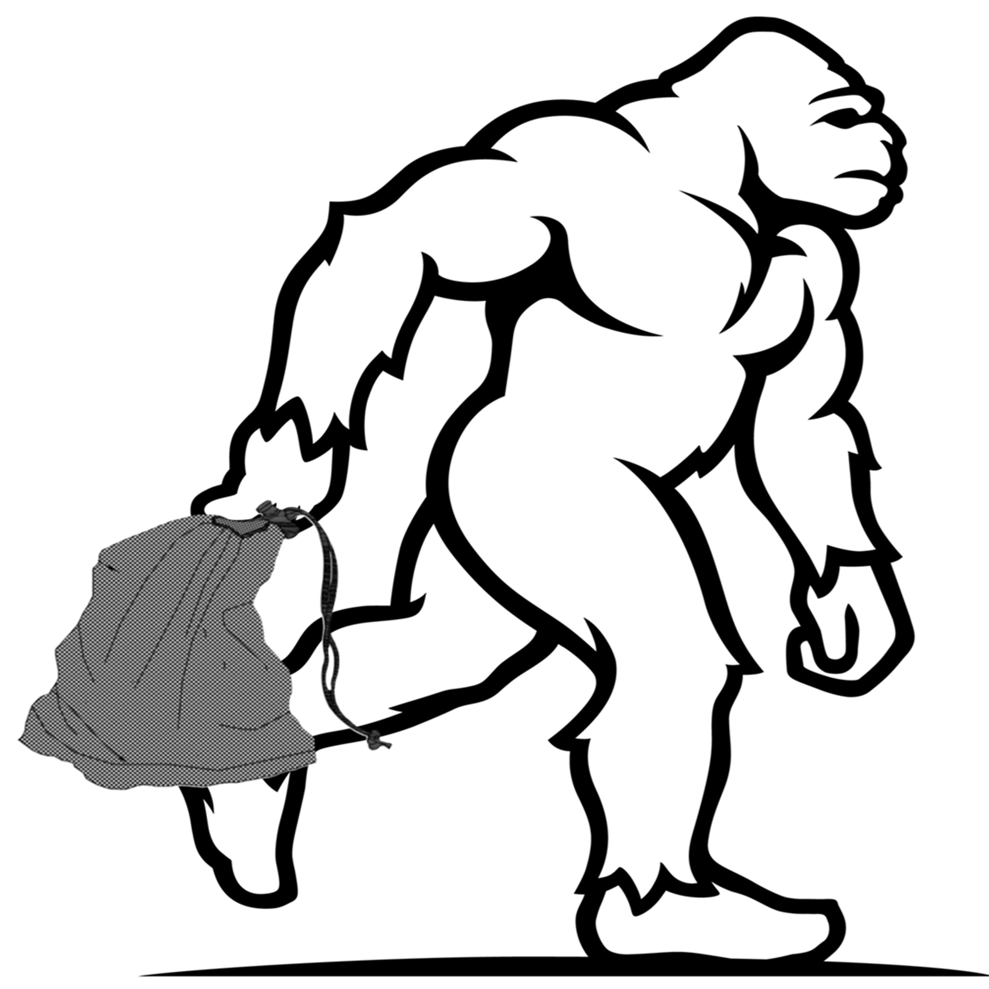 Black and white illustration of a SQUATCH taking off with a NETTY.